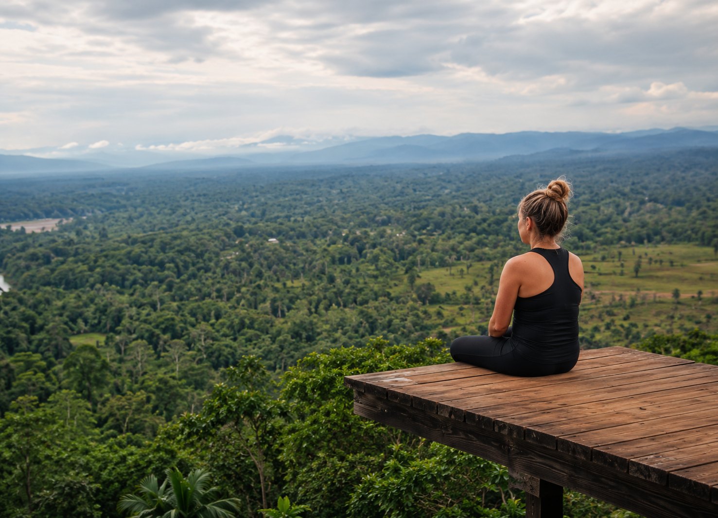 Femme assise sur une plateforme, face à une vallée boisée